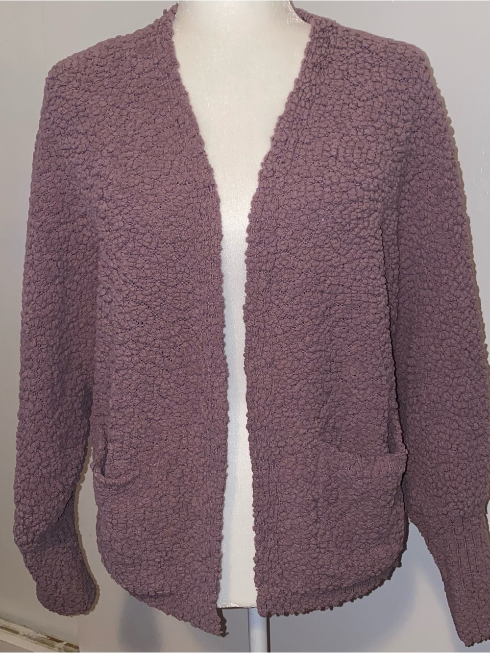 Women’s lavender Popcorn Knit Cardigan  Open Front Pocket Sweater Large